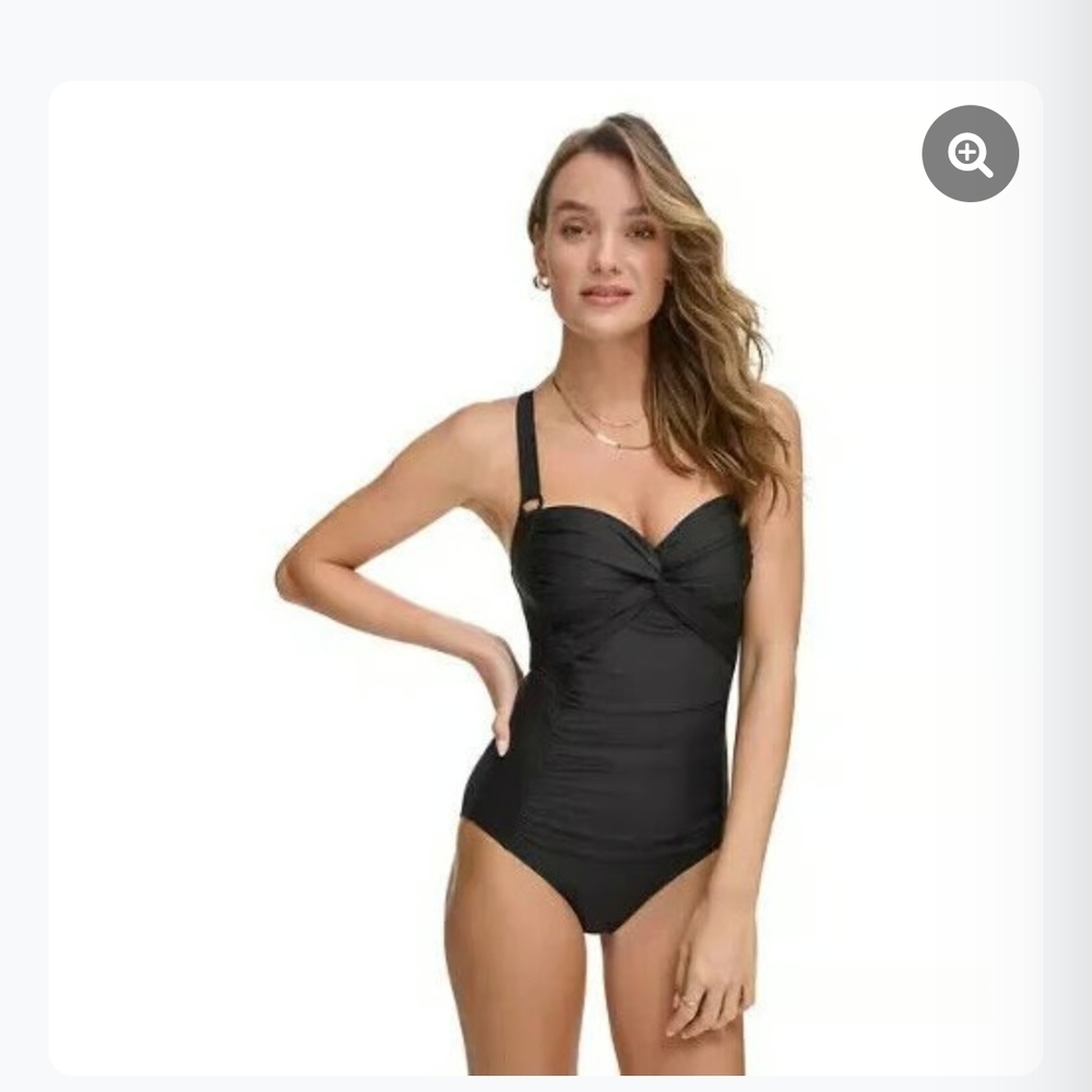 DKNY Navy Criss-cross Rushed One Piece Swimsuit
